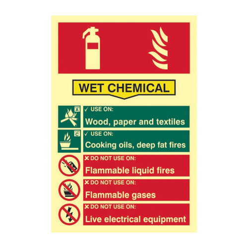 'Fire Extinguisher Composite Wet Chemical' Sign, 1.3mm Rigid Self Adhesive Photoluminescent (200mm x 300mm)