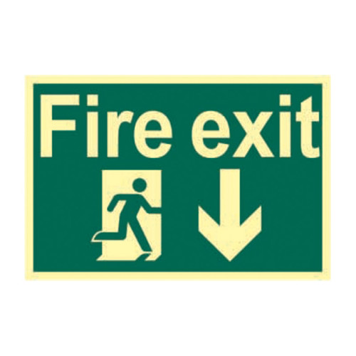 'Fire Exit Running Man Arrow Down' Sign, 1.3mm Rigid Self Adhesive Photoluminescent (300mm x 200mm)