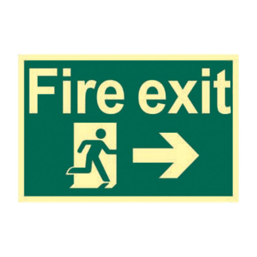 'Fire Exit Running Man Arrow Right' Sign, 1.3mm Rigid Self Adhesive Photoluminescent (300mm x 200mm)
