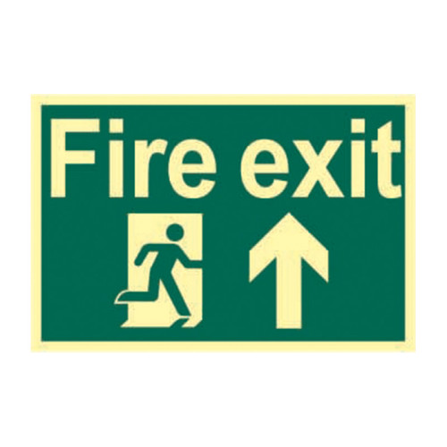 'Fire Exit Running Man Arrow Up' Sign, 1.3mm Rigid Self Adhesive Photoluminescent (300mm x 200mm)