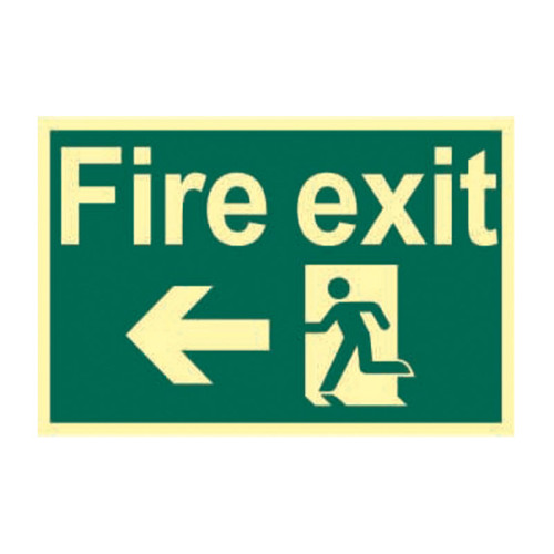 'Fire Exit Running Man Arrow Left' Sign, 1.3mm Rigid Self Adhesive Photoluminescent (300mm x 200mm)