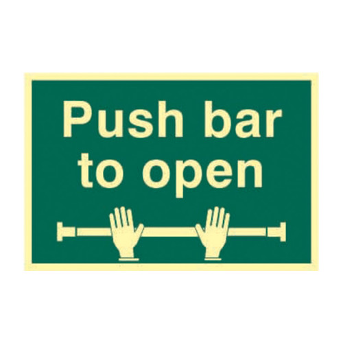 'Push Bar To Open' Sign, 1.3mm Rigid Self Adhesive Photoluminescent (300mm x 200mm)