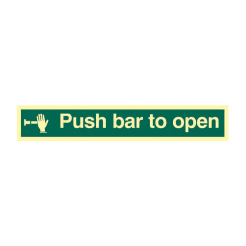 'Push Bar To Open' Sign, 1.3mm Rigid Self Adhesive Photoluminescent (450mm x 100mm)