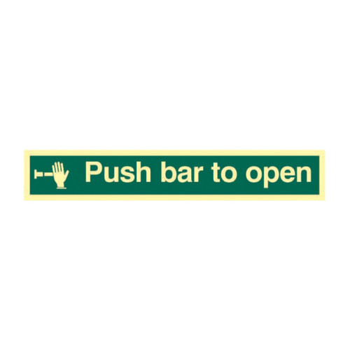 'Push Bar To Open' Sign, 1.3mm Rigid Self Adhesive Photoluminescent (450mm x 75mm)