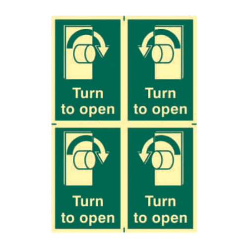 'Turn To Open' Sign, 1.3mm Rigid Self Adhesive Photoluminescent (300mm x 100mm)