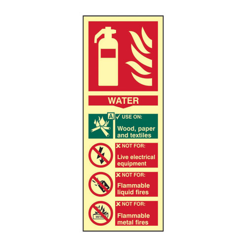 'Fire Extinguisher Composite Water' Sign, 1.3mm Rigid Self Adhesive Photoluminescent (75mm x 200mm)