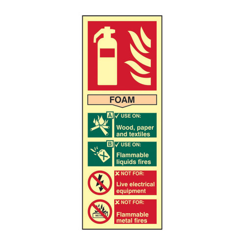 'Fire Extinguisher Composite Foam' Sign, 1.3mm Rigid Self Adhesive Photoluminescent (75mm x 200mm)