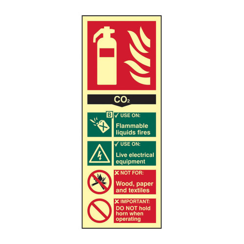 'Fire Extinguisher Composite CO2' Sign, 1.3mm Rigid Self Adhesive Photoluminescent (75mm x 200mm)