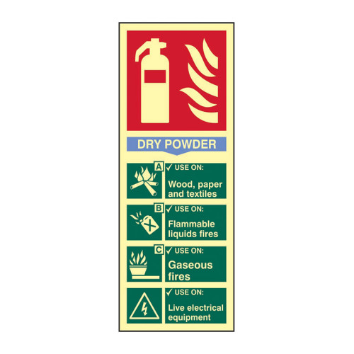'Fire Extinguisher Composite Dry Powder' Sign, 1.3mm Rigid Self Adhesive Photoluminescent (75mm x 200mm)
