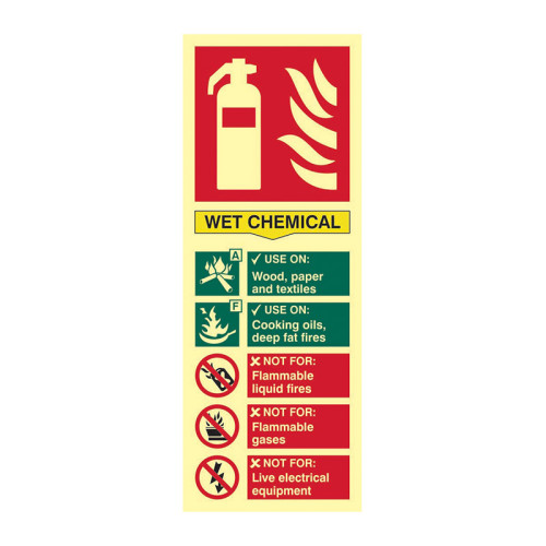 'Fire Extinguisher Composite Wet Chemical' Sign, 1.3mm Rigid Self Adhesive Photoluminescent (75mm x 200mm)