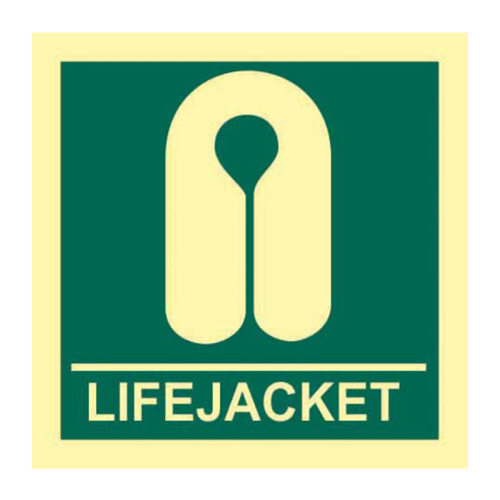 'Lifejacket' Sign, Self-Adhesive Rigid Photoluminescent Board (150mm x 150mm)