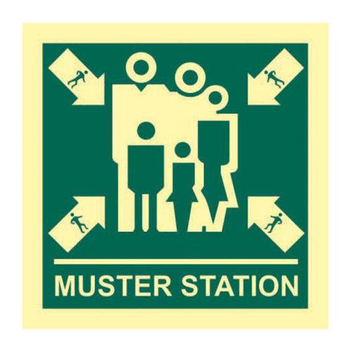 'Muster Station' Sign, Flexible Photoluminescent Vinyl (150mm x 150mm)