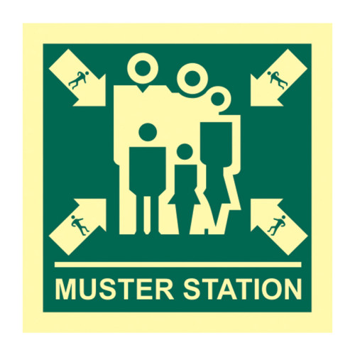 'Muster Station' Sign, Self-Adhesive Rigid Photoluminescent Board (150mm x 150mm)