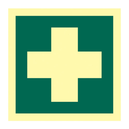 'First Aid' Sign, Flexible Photoluminescent Vinyl (150mm x 150mm)
