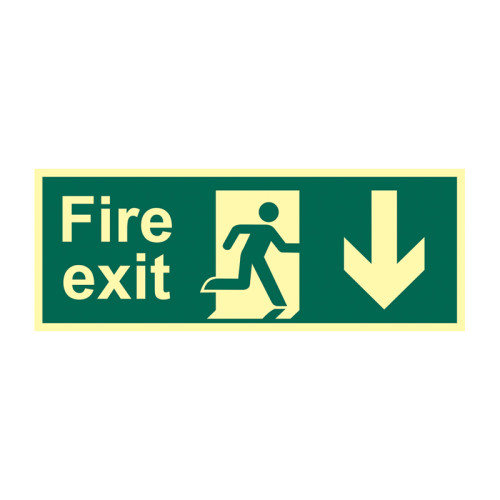 'Fire Exit (Man Arrow Down)' Sign, Flexible Photoluminescent Vinyl (400mm x 150mm)