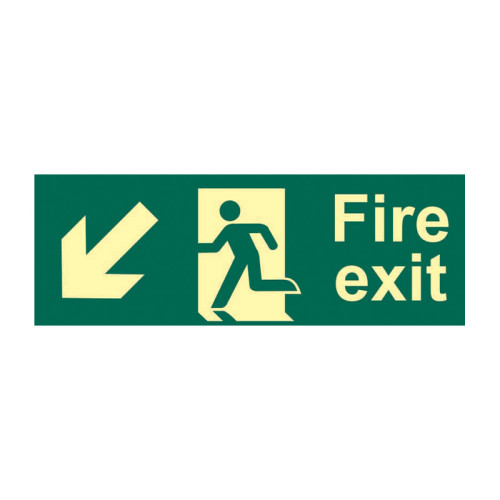 'Fire Exit (Man Arrow Down/Left)' Sign, Flexible Photoluminescent Vinyl (400mm x 150mm)