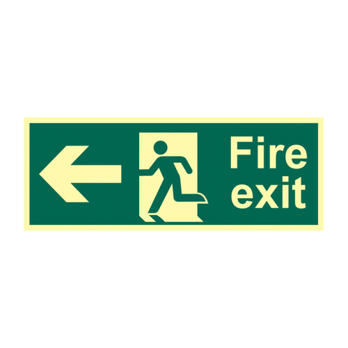 'Fire Exit (Man Arrow Left)' Sign, Flexible Photoluminescent Vinyl (400mm x 150mm)