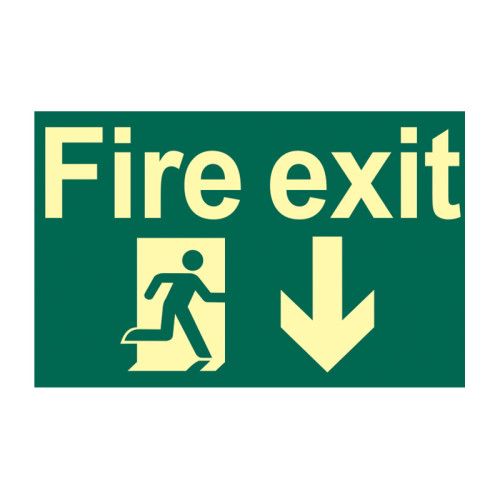 'Fire Exit Running Man Arrow Down' Sign, Flexible Photoluminescent Vinyl (300mm x 200mm)