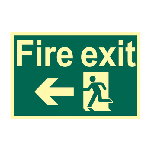 'Fire Exit Running Man Arrow Left' Sign, Flexible Photoluminescent Vinyl (300mm x 200mm)