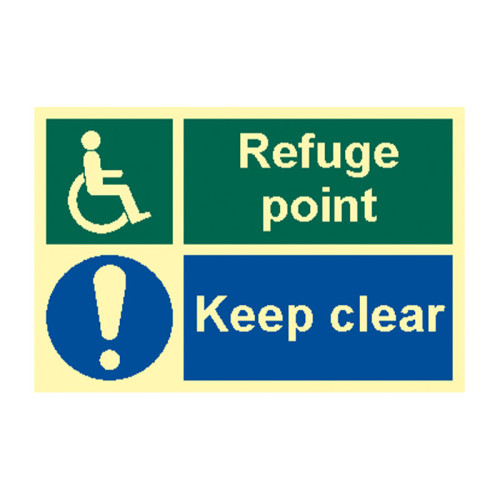 'Refuge Point Keep Clear' Sign, Flexible Photoluminescent Vinyl (300mm x 200mm)