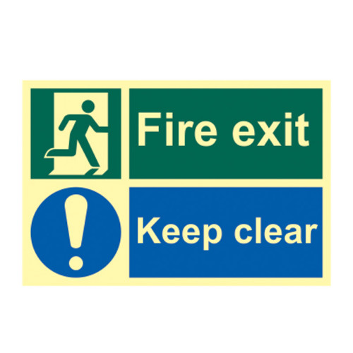 'Fire Exit Keep Clear' Sign, Flexible Photoluminescent Vinyl (300mm x 200mm)