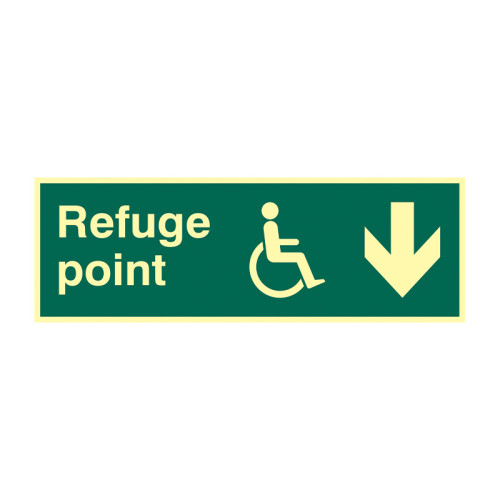 'Refuge Point Arrow Down' Sign, Flexible Photoluminescent Vinyl (450mm x 150mm)