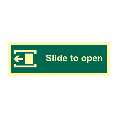 'Slide To Open (Left)' Sign, Flexible Photoluminescent Vinyl (300mm x 100mm)