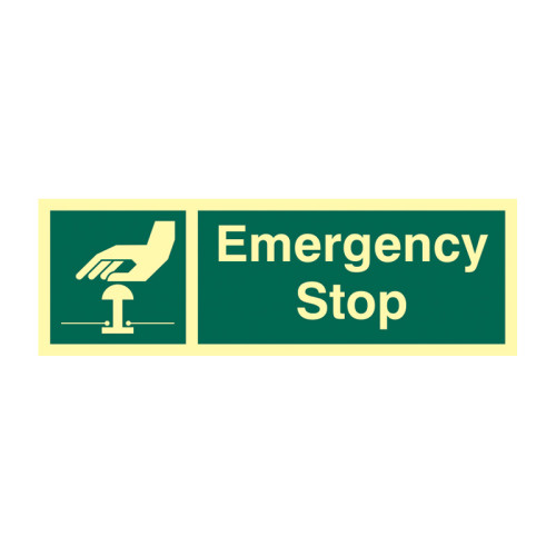 'Emergency Stop' Sign, Flexible Photoluminescent Vinyl (300mm x 100mm)
