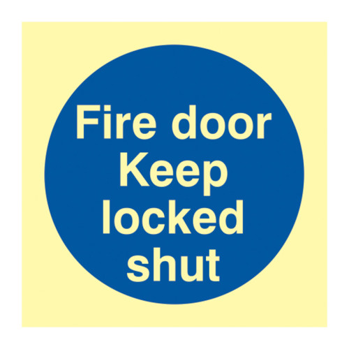 'Fire Door Keep Locked Shut' Sign, 1.3mm Rigid Self-Adhesive Photoluminescent (100mm x 100mm)