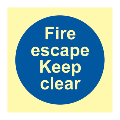 'Fire Escape Keep Clear' Sign, Flexible Photoluminescent Vinyl (100mm x 100mm)