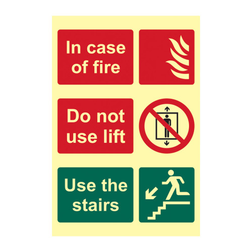 'In Case Of Fire Do Not Use Lift Use The Stairs' Sign, Flexible Photoluminescent Vinyl (200mm x 300mm)