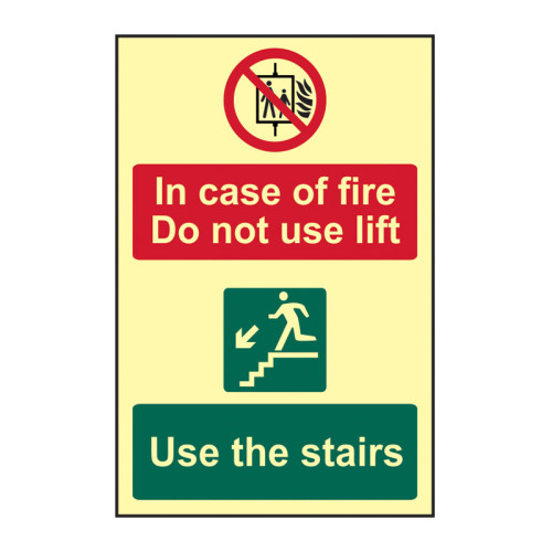 'In Case Of Fire Do Not Use Lift Use The Stairs' Sign, Flexible Photoluminescent Vinyl (200mm x 300mm) 1