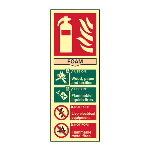 'Fire Extinguisher Foam' Sign, Flexible Photoluminescent Vinyl (82mm x 202mm)