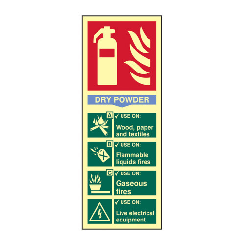 'Fire Extinguisher Dry Powder' Sign, Flexible Photoluminescent Vinyl (82mm x 202mm)