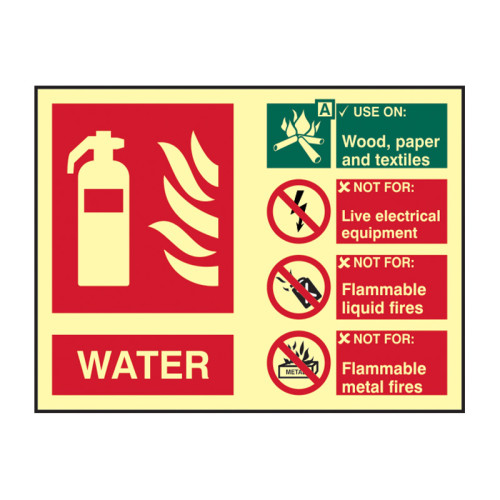 'Fire Extinguisher Composite Water' Sign, 1.3mm Rigid Self-Adhesive Photoluminescent (200mm x 150mm)