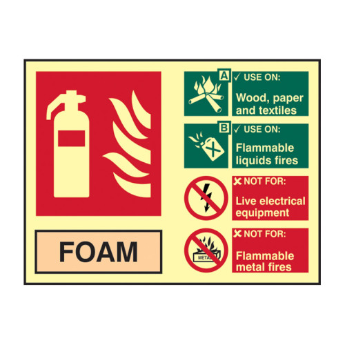 'Fire Extinguisher Composite Foam' Sign, 1.3mm Rigid Self-Adhesive Photoluminescent (200mm x 150mm)