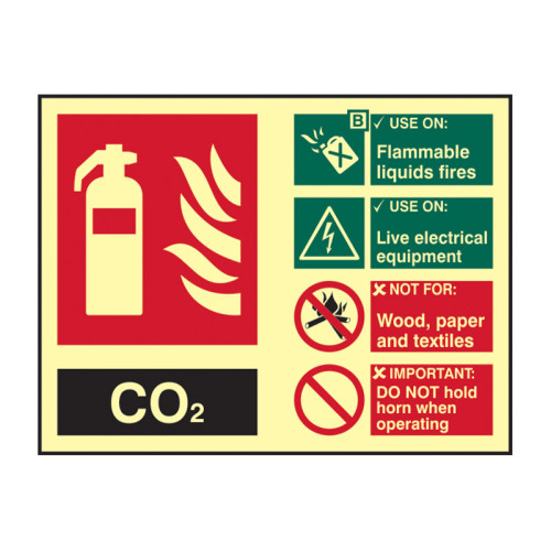 'Fire Extinguisher Composite CO2' Sign, 1.3mm Rigid Self-Adhesive Photoluminescent (200mm x 150mm)