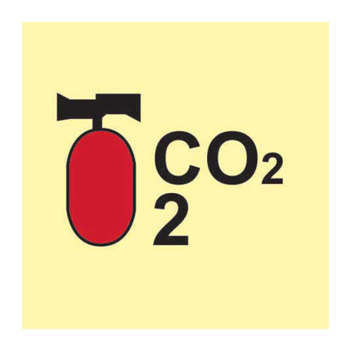 'Portable Fire Extinguisher Co2' Sign, 1.3mm Self-Adhesive Rigid Photoluminescent Board (150mm x 150mm)