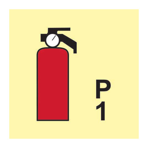 'Portable Fire Extinguisher P1' Sign, 1.3mm Self-Adhesive Rigid Photoluminescent Board (150mm x 150mm)