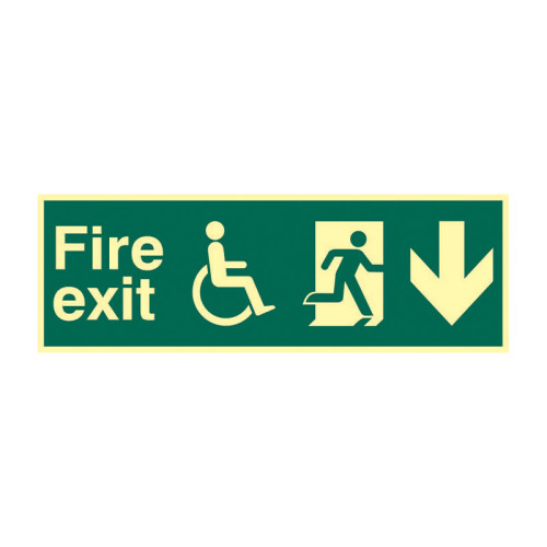 'Disabled Fire Exit Man Running Arrow Down' Sign,1.3mm Rigid Self Adhesive Photoluminescent (450mm x 150mm)