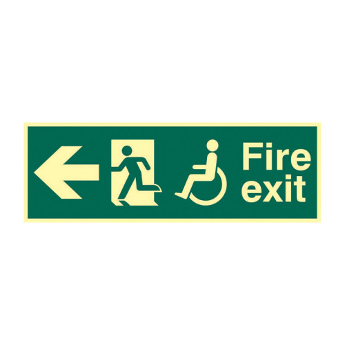 'Disabled Fire Exit Man Running Arrow Left' Sign, 1.3mm Rigid Self Adhesive Photoluminescent (450mm x 150mm)