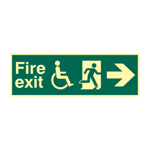 'Disabled Fire Exit Man Running Arrow Right' Sign, 1.3mm Rigid Self Adhesive Photoluminescent (450mm x 150mm)