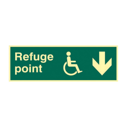 'Refuge Point Arrow Down' Sign, 1.3mm Rigid Self Adhesive Photoluminescent (450mm x 150mm)