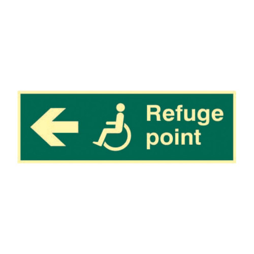 'Refuge Point Arrow Left' Sign, 1.3mm Rigid Self Adhesive Photoluminescent (450mm x 150mm)