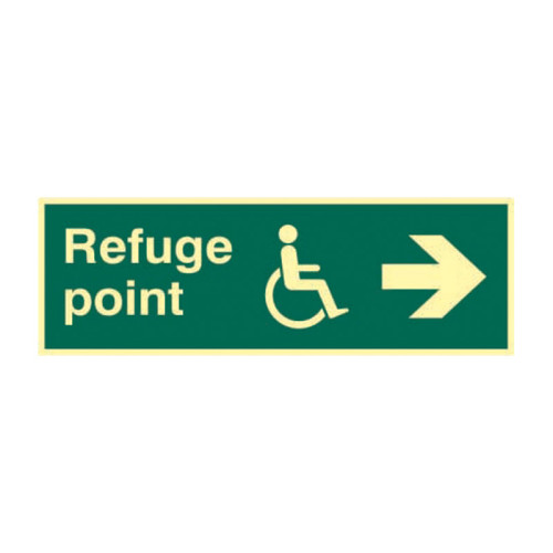 'Refuge Point Arrow Right' Sign, 1.3mm Rigid Self Adhesive Photoluminescent (450mm x 150mm)