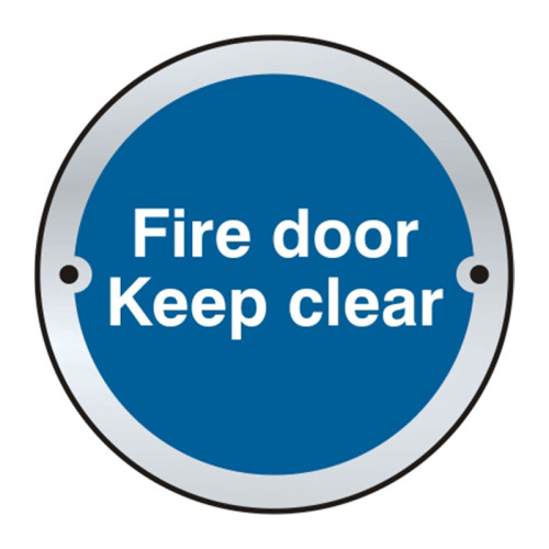 'Fire Door Keep Clear' Door Disc, Satin Stainless Steel, (75mm Dia.)