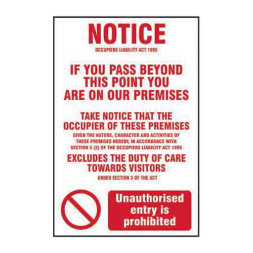 Occupiers Liability Act 1995 (Information) PP - 1.2mm Polypropylene Non Adhesive - Non Bagged (400 x 600mm)