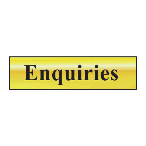Enquiries' Sign, Polished Gold Effect, Self-Adhesive PP (200mm x 50mm)