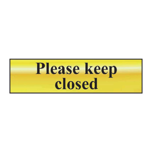 Please Keep Closed' Sign, Polished Gold Effect, Self-Adhesive PP (200mm x 50mm)