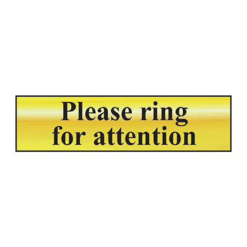 Please Ring For Attention' Sign, Polished Gold Effect, Self-Adhesive PP (200mm x 50mm)